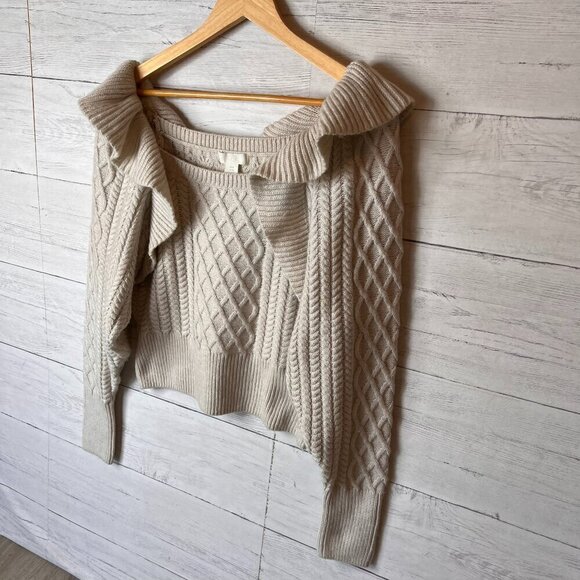 H&M Sweater Womens Size Medium Oatmeal Flounced Cable Knit Ruffle Crop Fall Wear - Picture 7 of 16